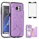 Phone Case for Samsung Galaxy S7 Edge with Tempered Glass Screen Protector Card Holder Wallet Cover Stand Flip Leather Cell Glaxay S7edge Gaxaly S 7 Plus Galaxies GS7 7s 7edge Cases Women Girl Purple