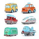 DEUSON ECOM Diecast Metal Unbreakable Cartoon Car Set of 6 Mini Pullback Toy Cars Train, Bus, Taxi, Tram, Plane and Ship Toy for 2 Year boy and Girl (783-220) (Multicolor)