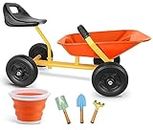 KOVOME Kids Sand Dumper, 4 Wheels Ride-on Wheelbarrow Toy, Steel Garden Sandbox, Outdoor Beach Toy, Age 3+ Kids Metal Play Tool Set with Shovels and Bucket