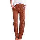 LRMQS Pantalon décontracté en lin pour femme avec cordon de serrage, taille élastique, poches, Z1_Café, Taille M