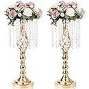 Tosnail 2 Pack 19.3" Gold Centerpiece Table Decorations, Wedding Centerpieces, Flower Bouquet Display Stand, Metal Vase with Crystal Chandelier for Wedding, Party Table Decor