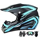 Motocross Helmet,Adult &Youth Trend Full Face Helmet,ATV Motorcycle Helmet,Dirt Bike Downhill Off-Road Mountain Bike Helmet,DOT Certified,4-Piece Set(X-Large, Light Blue)