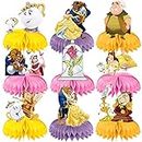 9Pcs Beauty and the Beast Party Decorations, Beauty and the Beast Theme Honeycomb Centerpieces Table Toppers, 3D Double Side Cake Toppers, Princess Belle Birthday Supplies for Girls and Boys
