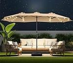 HOMSHADE Double Sided Patio Umbrellas - 15ft Solar Lights LED Lighted Outdoor Extra Large Market Table Umbrella with Base Included, Oversized Umbrella for Deck, Pool, Backyard (Beige)