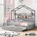 Twin Size House Bed with Trundle & 2 Shelves, Wooden Daybed Frame with Roof, Bedroom Furniture for Kids, Teens,Girls & Boys,Gray