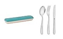 Tramontina 4 Piece Stainless Steel Travel Cutlery Set, Knife Fork and Spoon, Wheat Fibre Travel Case, On-The-go Style (Green)