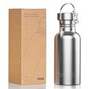 TRIPLE TREE 17 oz Sports Water Bottle with Hook, BPA Free Small Uninsulated Travel Water Container 500ml, Single Wall Stainless Steel Metal for Fitness Gym Cycling Runners Hikers Camping, Silver