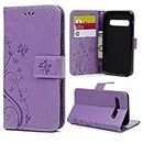 Samsung Galaxy S10e Case Premium PU Leather Flip Phone Cover Butterfly and Flower Embossed Wallet Protective Case for Samsung Galaxy S10e with [Kickstand] Card Holder, Light Purple