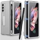 Miimall Compatible with Samsung Galaxy Z Fold 3 Case with S Pen Holder, Ultra Thin Hard PC Bumper All-Inclusive Shockproof Hinge Folding Magnetic Suction Cover for Samsung Galaxy Z Fold 3 5G 2021(Elegant Silver)