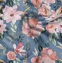 Soimoi Blue Viscose Chiffon Fabric Leaves & Magnolia Floral Print Sewing Fabric Meter 42 Inch Wide