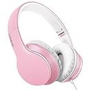 LORELEI X6 Over-Ear Headphones with Microphone, Lightweight Foldable & Portable Stereo Bass Headphones with 1.45M No-Tangle, Wired Headphones for Smartphone Tablet MP3 / 4 (Pearl Pink)