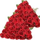 Hotop 40 Pcs Rose Artificial Flowers Bulk with Long Stem, Realistic Silk Roses, Realistic Fake Bouquet Roses for Home Wedding Bridal Shower Party Table Centerpieces Decoration (Red)