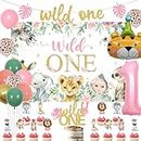 Wild One Birthday Decorations Girl, Jungle Theme 1st Birthday Decorations Girl Leopard Tiger Foil Balloon with Wild One Backdrop, Glitter Wild One Banner Cake Cupcake Topper for Girl 1st Birthday