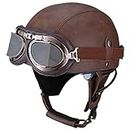 Woljay Vintage Leather Motorcycle Retro Half Helmet Men Women Adult for Scooter Bike Cruiser with Goggles and Drop Down Sun Lens (Large, Dark Brown)