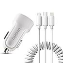 DUDAO R7 Quick Car Charger 3A Super-fast car charger with 3 in 1 stretchable coil Cable 1.2m DUAL USB Port Qualcomm 3.0 Car Charger Adapter, Compatible with iPhone14/13/12pro/Galaxy/S22, Oppo, vivo, one+, Pixel, Mi all devices (White)
