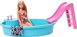 Barbie-Pool, 1x Puppe mit blonden Haaren, Pool und Rutsche, Accessoires, Geschenk für Kinder, Spielzeug ab 3 Jahre,GHL91