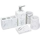 5 Piece Complete Bathroom Accessories Set for Countertop, Includes Electric Toothbrush Holder, 16.9 oz Dispenser for Liquid Soap or Lotion, Soap Dish, 2 Tumblers, Made of Marble-imitated Resin, Ink Black (Classic White)