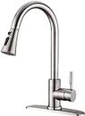 UCMDA Kitchen Faucet with Pull Down Sprayer, Swivel High Arc Single Handle Kitchen Sink Faucet, Kitchen Taps with Deck Plate for 1 or 3 Hole, Brushed Nickel Finish Faucet for Home/Laundry/RV/Farmhouse