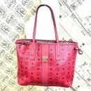 MCM Tote Shoulder Bag A4 Logo All Over Leather Red women's USED FROM JAPAN