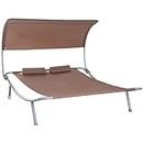 Outsunny 79" Outdoor Lounge Chair with Canopy, Double Garden Chaise Lounger Hammock Bed, Relaxing Sleeping Daybed w/Pillow and Wheels, Brown
