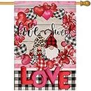 Artofy Valentine's Day Love Sweet Love Gnome Large Decorative House Flag, Red Pink Heart Buffalo Plaid Check Yard Garden Outside Decor, Farmhouse Outdoor Home Burlap Decoration Double Sided 28 x 40