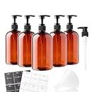 Alora 5-in-1 Apothecary Bottles for Home & Commercial Use - 16oz Elegant 8.5x3in Refillable Amber Shampoo Storage, Handwash, Massage Oils - Includes 24 Waterproof Labels, Bonus 2CC Pump & Funnel