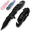 Tactical Legal Knife for Men Women - 2.68 Inch Serrated Blade Small Black Pocket Knife with Glass Breaker Seatbelt Cutter - Cool Folding Knives for Camping Work EDC - Mens Birthday Gift Ideas 6655 B