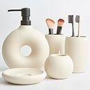 Terramoza Ceramic Bathroom Accessory Set, 5 Pcs - Includes Soap Dispenser, Toothbrush Cup, Toothbrush Holder, Soap Dish & Candle Holder - Beige, Matte Glaze - Aesthetic Bathroom Decor