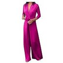 AnnSemo Jumpsuits for Women UK Trendy Long Sleeve Deep V Neck Rompers Wide Straight Leg Lounge Trousers Solid Color Slim Fit Sexy Casual Workout Pants Temperament Commuting One Piece Overalls