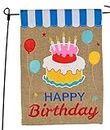 Happy Birthday Garden Flag or Car Decoration - Happy Birthday Cake and Balloons On Burlap - 12x18 - Home Garden Flag