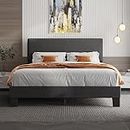 Lifezone Queen Bed Frame with Headboard,Linen Upholstered Bed Frame with Wood Slats Support,No Box Spring Needed,Heavy Duty Feet,Easy Assembly,Dark Grey