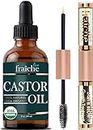Castor Oil Organic (2oz) + FREE Filled Mascara Tube USDA Certified, 100% Pure, Cold Pressed, Hexane Free by Live Fraiche. Hair Growth Oil for Eyelashes, Eyebrows, Lash Growth Serum. Brow Treatment
