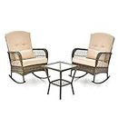 COSTWAY 3 Pieces Patio Rattan Bistro Set, Outdoor Rocking Chairs and Table Set with Cushions and Pillows, Garden Furniture Set Wicker Conversation Sofa Table for Balcony Yard Lawn Poolside