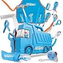 Hi-Spec 17 Piece Kids Tool Kit with Blue Truck Tool Box, Kids Apron with Pockets, Level, REAL Small Size Hand Tools, Safety Scissors DIY Construction Educational Childrens Tool Set. Gift for Boys