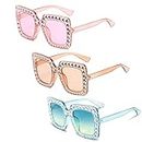 3 Pack Oversized Rectangle Rhinestone Sunglasses, Unisex Thick Frame Bling Diamond Sunglasses Sparkling Retro Sunglasses for Men Women Girls Dresses up Clothing Accessories-9