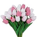 FANCYEASY 24 Pcs Pink White Tulips Artificial Flowers Bulk Multicolor Faux Tulips PU Real Touch Tulips Realistic Fake Pink Flowers for Spring Wreath Wedding Bouquet Floral Arrangements Centerpiece