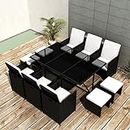Outdoor Furniture-11 Piece Outdoor Dining Set with Cushions Poly Rattan Black-Furniture