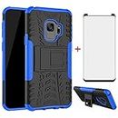 Phone Case for Samsung Galaxy S9 with Tempered Glass Screen Protector Cover and Stand Kickstand Hard Rugged Hybrid Protective Cell Accessories Heavy Duty Rubber Glaxay S 9 Edge 9S GS9 Cases Black Blue