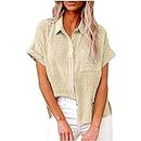 Generic Prime Deals Day Today only Clearance Women's Button Down Shirts Cotton Linen Short Sleeve Blouses V Neck Casual Tunics Solid Color Work Tops with Pockets Beige