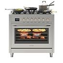 KoolMore KM-FR36GL-SS 36” Inch Professional Gas Range Stove with 5 Burner Cooktop, Rapid Convection Oven, and Digital Timer with Heavy-Duty Cast Iron Grates, Stainless-Steel Appliance, 36 Inch, Silver