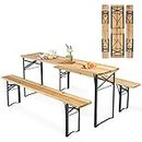 Goplus Foldable Picnic Table with Benches, 3-Piece 70” Portable Beer Garden Table with Sturdy Steel Frame, Folding Wooden Picnic Tables for Outdoors, Patio, Backyard