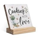 Cooking with Love Wood Plaque with Wooden Stand,Rustic Kitchen Wooden Plaque Sign Desk Decor for Home Kitchen Table Shelf Decoration