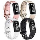 4 Pack Sport Bands Compatible with Fitbit Charge 4 / Fitbit Charge 3 / Charge 3 SE, Silicone Sport Strap with Breathable Holes Replacement Wristband for Women Men (Small, Rose Gold+Gold+Black+White)