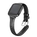 bayite Black Bands Compatible with Fitbit Versa/Fitbit Versa Lite/Fitbit Versa 2, Slim Genuine Leather Band Replacement Accessories Strap Women Men, (5.3"-7.8")