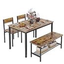 KU Syang Large Dining Table and Chairs Set 4 with Storage Rack, 130cm Kitchen Table and 2 Chairs with 1 Bench, Dining Room Sets Dining Table Set for Small Space, Rustic Brown