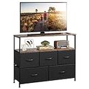 WLIVE Dresser TV Stand, Entertainment Center with Fabric Drawers, Media Console Table with Open Shelves for TV up to 45 inch, Storage Drawer Unit for Bedroom, Living Room, Black and Rustic Brown
