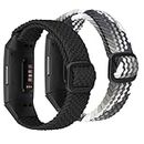 AIEDE 2pcs Women Men Elastic Braided Solo Loop Stretchy Straps Nylon SportBand Wristband For Fitbit Charge 4 / Fitbit Charge 3(Black+Black White