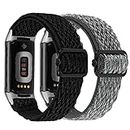 TOYOUTHS 2 Packs Compatible with Fitbit Charge 5/Charge 6 Bands for Women Men Adjustable Elastic Woven Nylon Strap Solo Loop Sport Bracelet Wristband for Charge 6/Charge 5 Watch, Black+Storm Gray