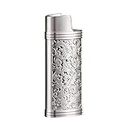 Lighter Case, Vintage Lighter Cases for Mini BIC Lighter, Reusable Zinc Alloy Lighter Case, Vintage Creative Engraved Lighter Case Holder, 2.3 Inches x 0.9 Inches x 0.5 Inches Silver