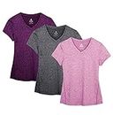 icyzone Workout Shirts Yoga Tops Activewear V-Neck T-Shirts for Women Running Fitness Sports Short Sleeve Tees (XL, Charcoal/Red Bud/Pink)